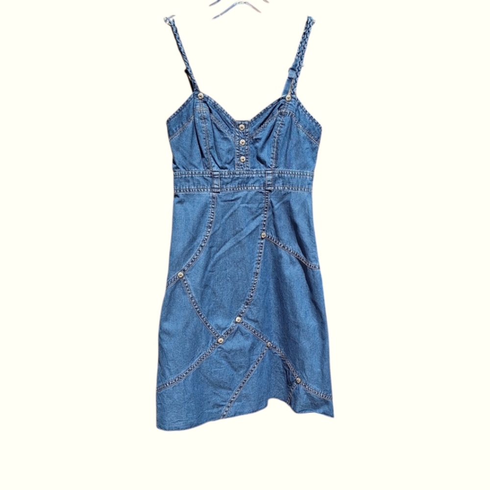 Guess Y2K Denim Dress Patchwork Cotton Smocked Country Cowgirl Western Women XS